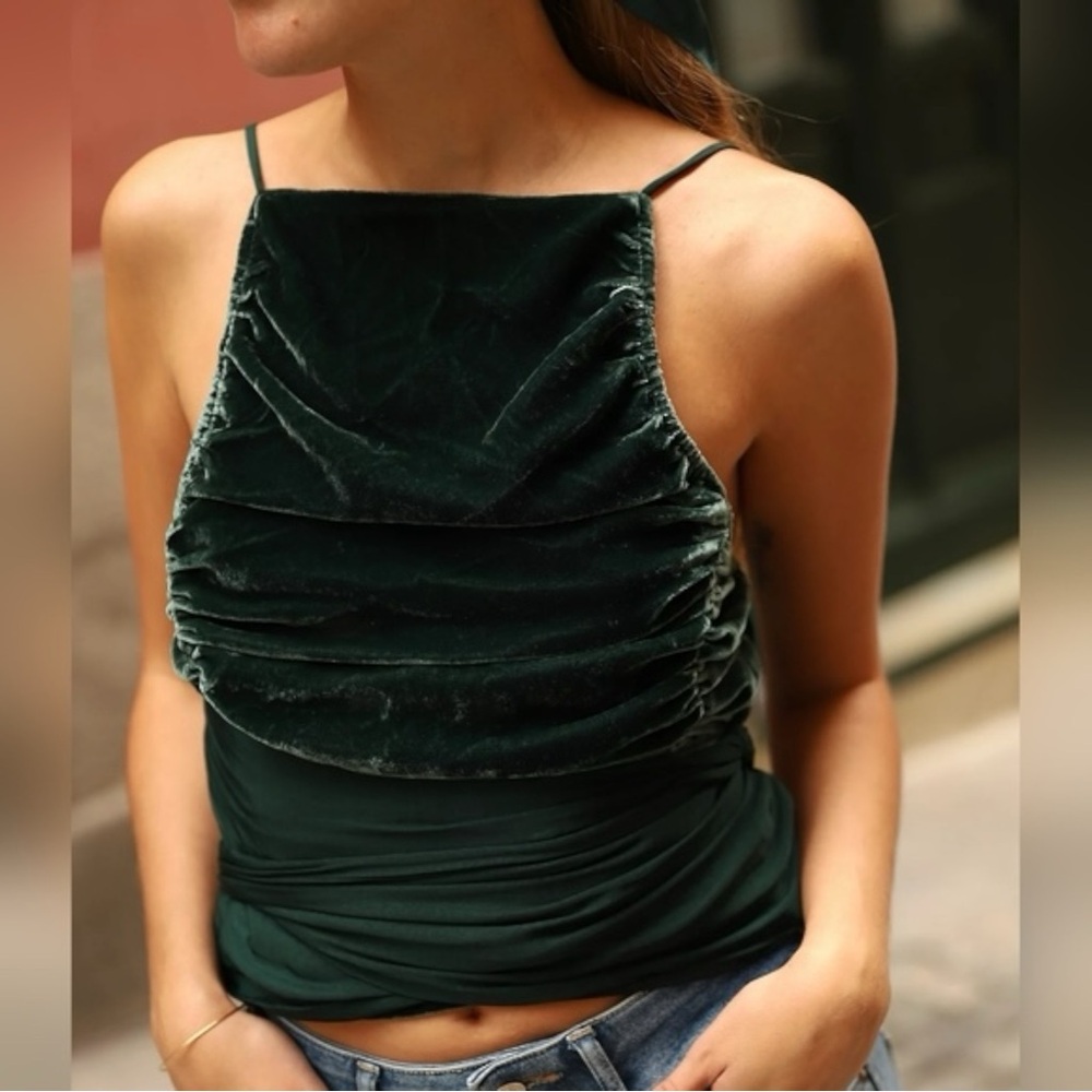 Free People Real Love Velvet Ruched Romantic Sash Tank Fern Green Size Large New